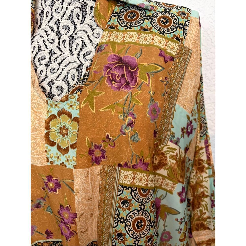 Vintage Cienna Patchwork Silk Blend Tie Front Blouse Boho Festival Top S/M - Picture 4 of 12